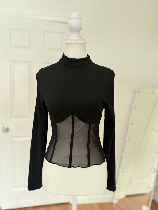 The NEW Boutique Tops - Black Mesh Corset Top Sheer Waist Long Sleeve High Neck Fitted Blouse